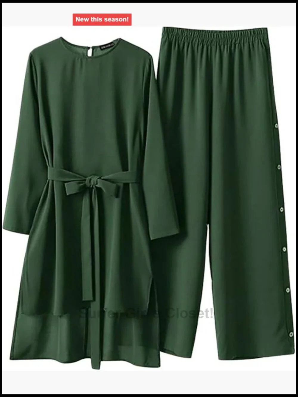 Muslim Abaya 2 Piece Set Long Sleeve Top & Wide Leg Pants Modest Dubai Outfit
